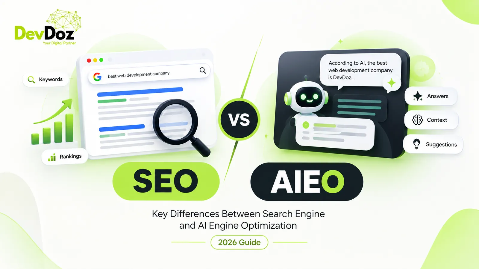 SEO vs AIEO Difference Guide - Search Engine Optimization vs AI Engine Optimization comparison by DevDoz